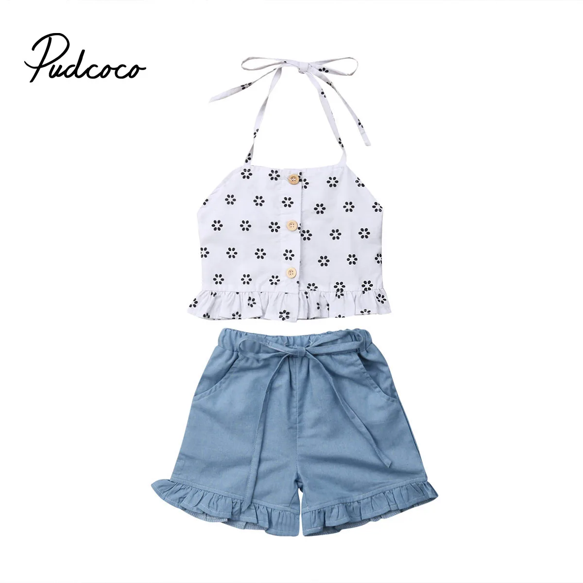 

2019 Children Summer Clothing Toddler Kid Baby Girl Clothes Strap Top Shirts Vest +Denim Shorts Pants Casual Outfits Set 1-6T