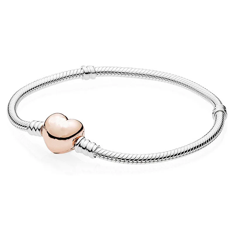 

New 925 Sterling Silver Bracelet Rose Love Heart Clasp Snake Chain Bracelet Bangle Fit Women Bead Charm DIY Pandora Jewelry