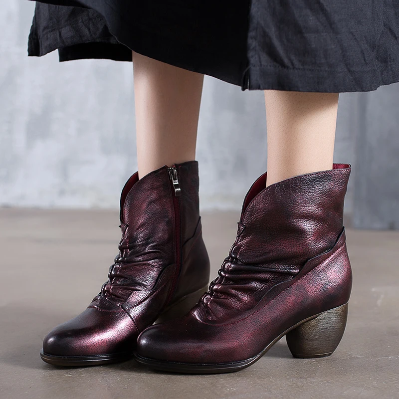 

Wrinkle Ankle Boots Shoes Woman 2018 Vintage Lady Booties Handmade Factory Genuine Leather Female Heeled Shoes