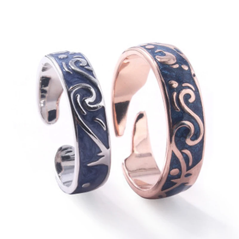 Couple Jewelry Van Gogh Star Sky Ring Stainless Steel Blue Drop Glaze Finger Rings (2)