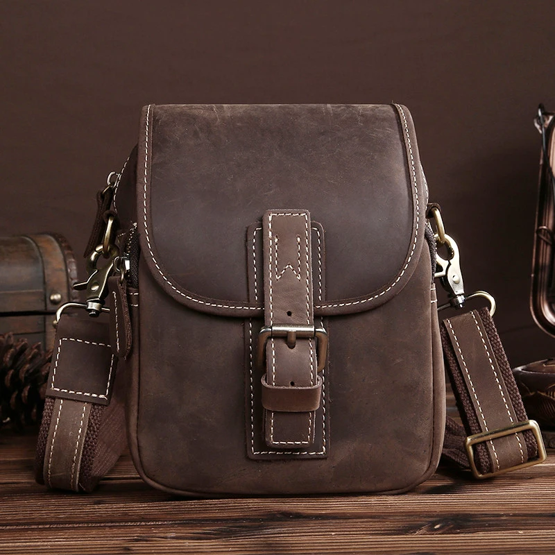 

Crazy Horse Cowhide Genuine Leather Men Messenger Shoulder Bag Famous Brand Cross Body Bags Male Vintage Fanny Waist Belt Pack