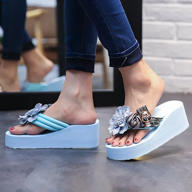 

Girseaby 2019 Women Slippers Wedge Slip On Slides Beach Flip Flops Outdoor Sandals Handmade Flower Platform Shoes Heel 5cm Pink