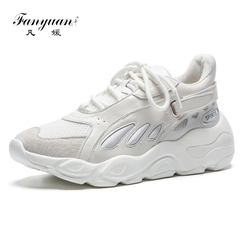 Fanyuan Echtem Leder frauen Plattform Dad Turnschuhe 2018 Fashion Lace Up Dicke Frauen Wanderschuhe Casual Frau Klobig Schuhe