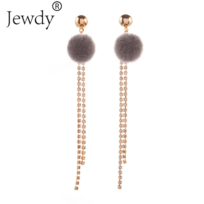 

2 Colors Pompom Fur Crystal CZ Earrings for Women Statement Bohemian Wedding Jewelry Fashion Star Long Dangle Drop Earrings