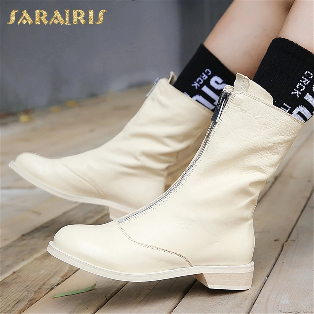 

SARAIRIS New Genuine Leather Zip Up Hot Sale Cow Leather Boots Shoes Woman Chunky Heels Ankle Boots Woman Shoes