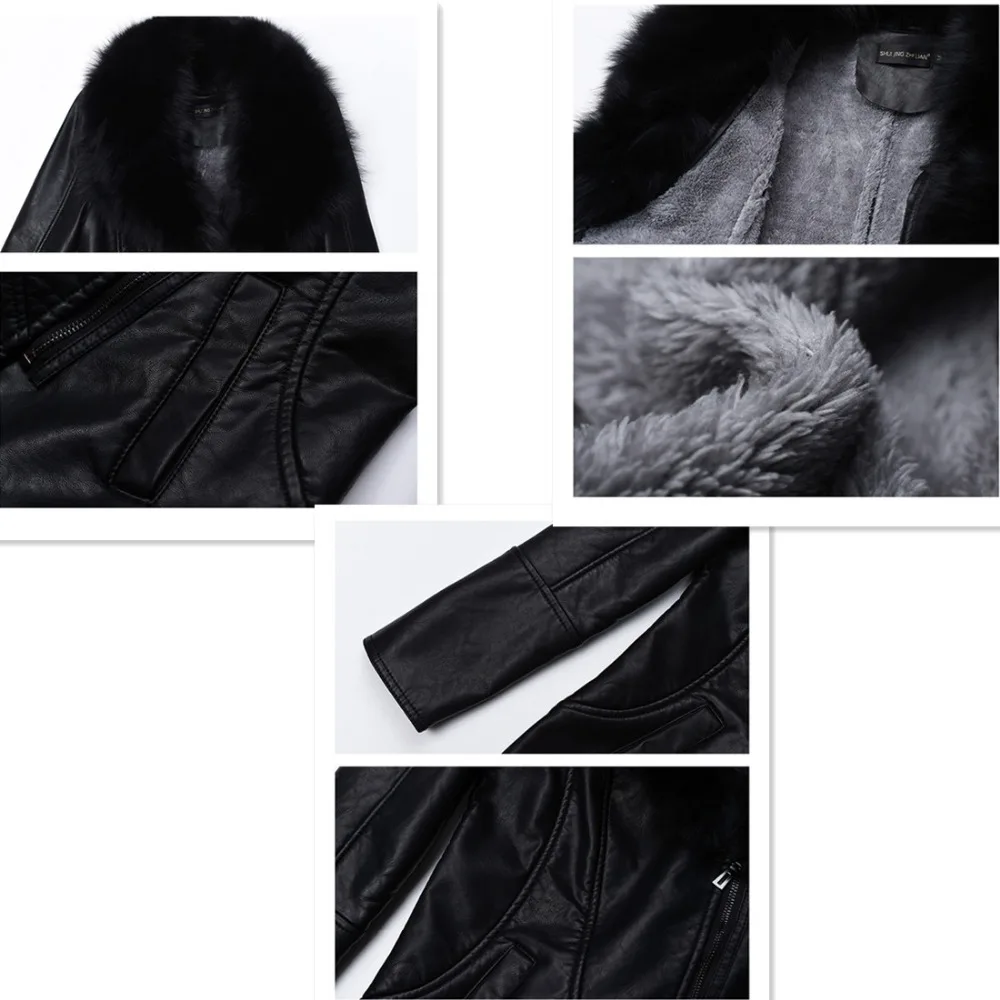 Женская кожаная куртка для зимы Новое вельветовое теплое приталенное длинное кожаное пальто с большим меховым воротником Женская верхняя одежда M-4XL