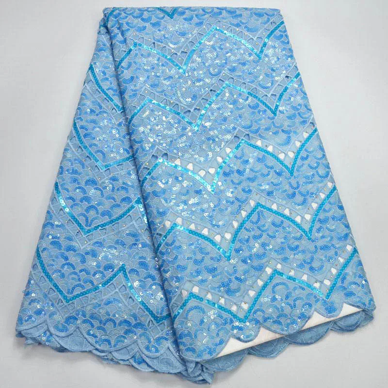 

2018 Latest African Lace Fabric High Quality Nigerian Tulle Lace Fabric With Sequins Sky blue Color Organza Lace Fabric