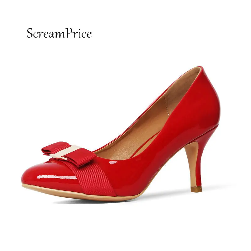 

Women Genuine Leather Thin High Heel Slip On Lazy Shoes Fashion Sweet Bow Knot Dress Pumps Black Red Wine Red