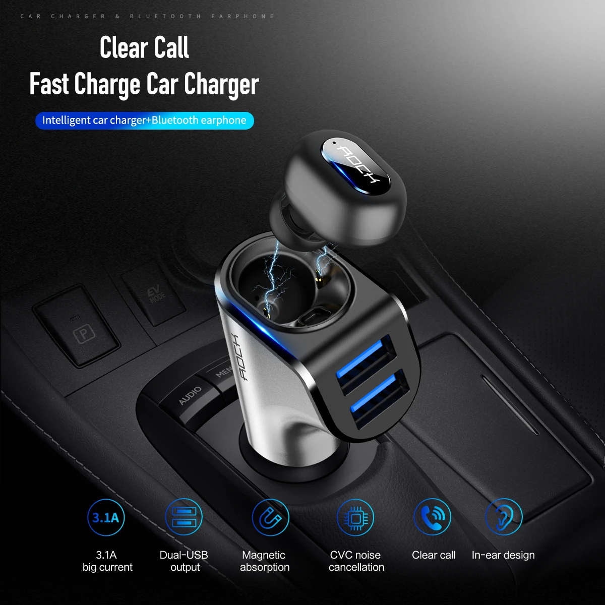 

2 in 1 Dual USB 3.1A Car Charger Adapter with Bluetooth Earphone Headset In-Ear Earbuds Hands Free Mic Answer Call