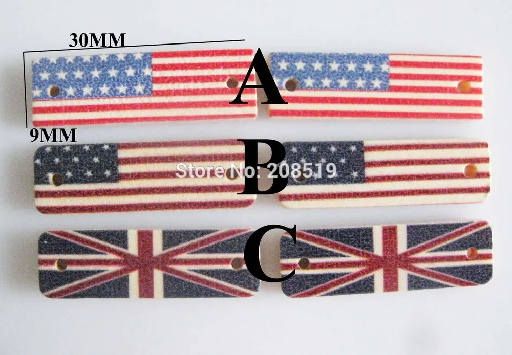 

WBNSNV Rectangle 9mm* 30mm sewing buttons wooden 100pcs US&UK Flag Pattern handmade label Clothes Badges
