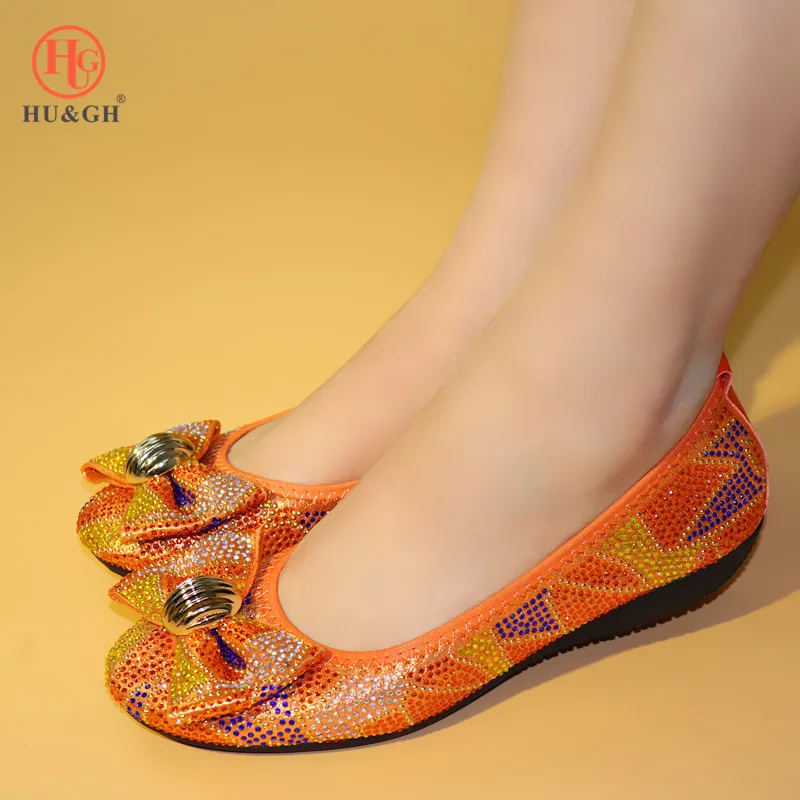 

African ladies' banquet dance flat shoes Italian style soft bottom ladies Orange Black color flat bottom ladies shoes Big size