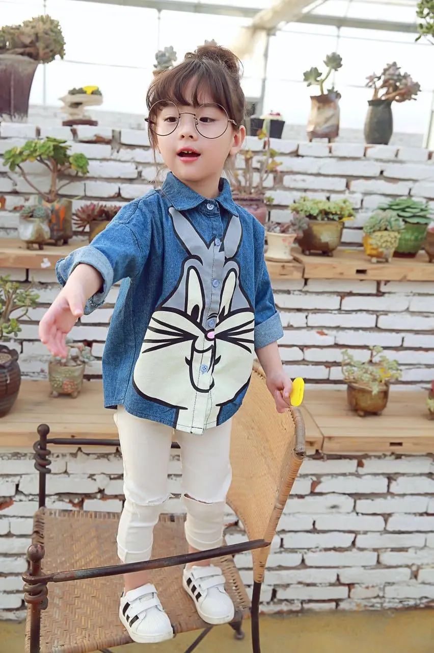 New Fashion Girls Blouse Shirt Long Sleeve Jeans Spring Summer Shirts for Toddler Girl's Outfits Cute Rabbit Print Blouse shirt