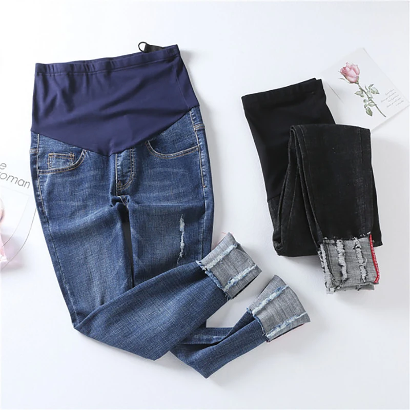 

666 New Fashion Maternity Jeans Holes non-mainstream Pregnancy Clothes Long Denim Pants For Pregnant Women embarazada ropa Blue