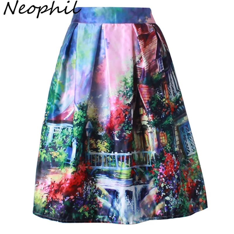 

Neophil 2019 Retro Fashion Building Floral View Print Pleated High Waist Ball Gown Midi Skater Short Skirts Women Saia S1607026