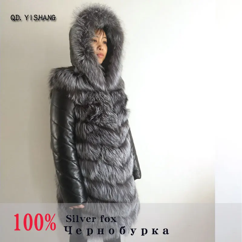 

Natural silver fox fur ladies coat with hood, real sheep leather sleeves, winter warm and stylish detachable long coat