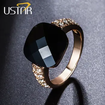 

USTAR Black stone Wedding Rings for women fashion Jewelry Rose Gold color Crystal engagement ring female Anel bijoux Toq quality