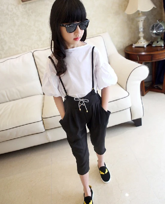 

Teenage Girls Clothing Set Spring Fall 2019 New Kid Girls White Blouse Top & Black Harem Pants Sets 2 pcs Jumpsuits Clothes Set