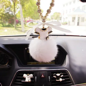 

Car Pendant Fashion Cartoon Dress Bow Plush Fur Ball Car Rearview Mirror Decoration Hanging Automobiles Ornaments Bead Chain