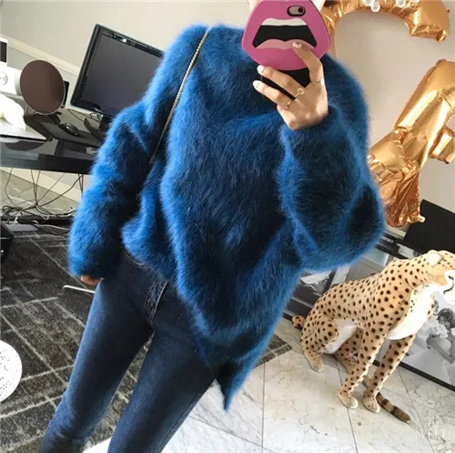 Limiguyue утолщенный теплый норковый кашемировый женский свитер с длинным рукавом, повседневный однотонный тонкий пуловер, джемпер, милое вязаное пальто T036 - Цвет: Тёмно-синий