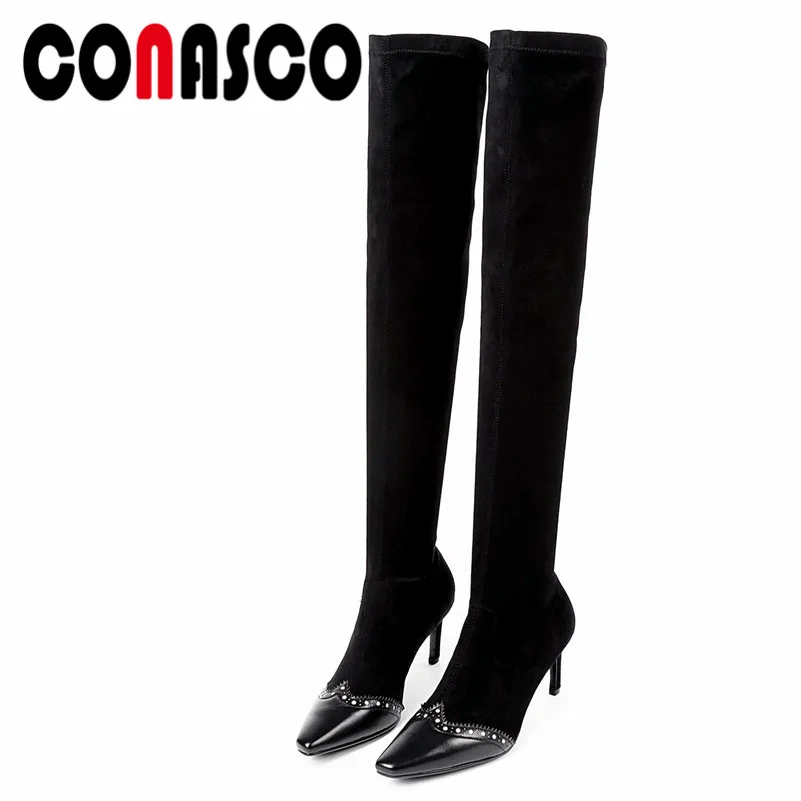 

CONASCO 2019 Stretch Fabric Over The Knee Boots Women Sexy Thigh High Boots Ladies High Heels Shoes Woman Rivets Sock Boots