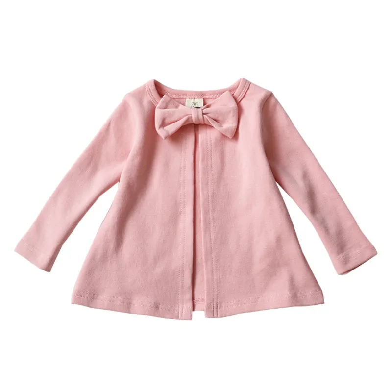 Осеннее Трикотажное изделие с круглым вырезом для маленьких мальчиков и девочек, Повседневный Кардиган на пуговицах, куртка, пальто, детское хлопковое пальто с бантом - Цвет: Розовый