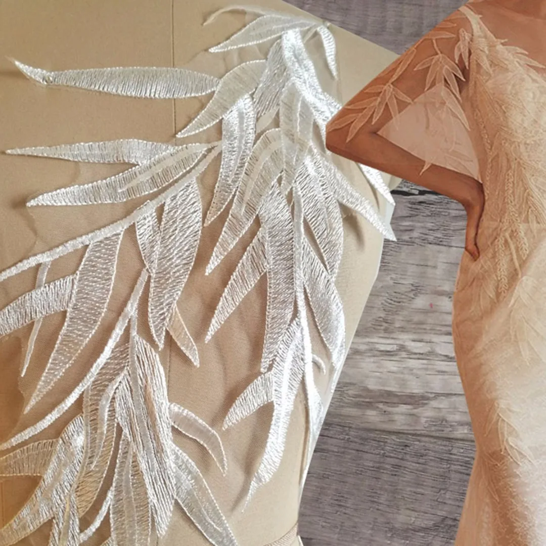 JX-LCLYL  New Large Leaf Embroidery Lace Applique Off White Back Bridal Tulle Motif Bamboo