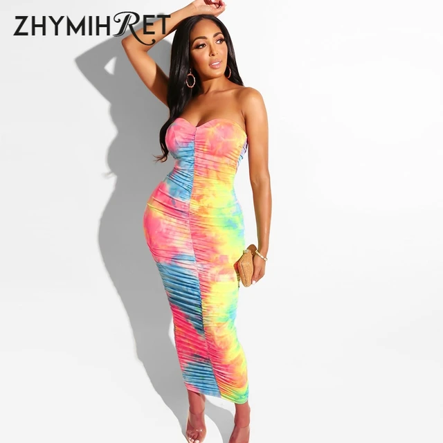 ZHYMIHRET 2021 Summer Neon Green Tube Dress Women Ruched Long Bandage Dress Sexy Strapless Bodycon Tie Dye Party Vestidos 2
