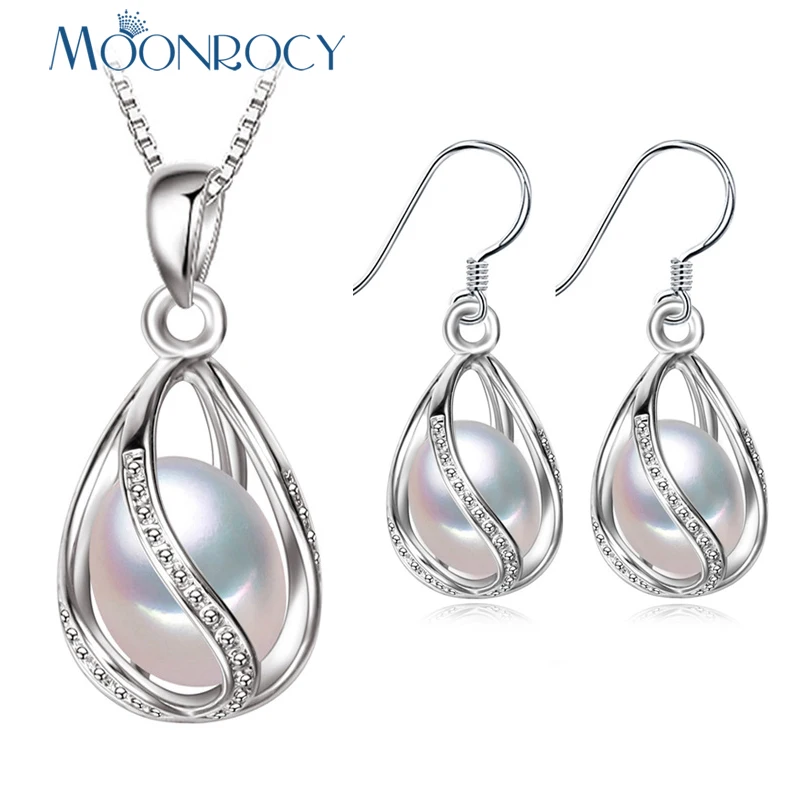 

MOONROCY Silver Color Crystal Simulated Pearl Necklace and Dangle Earrings Jewelry Set for Women Girls Gift Drop Wholesale