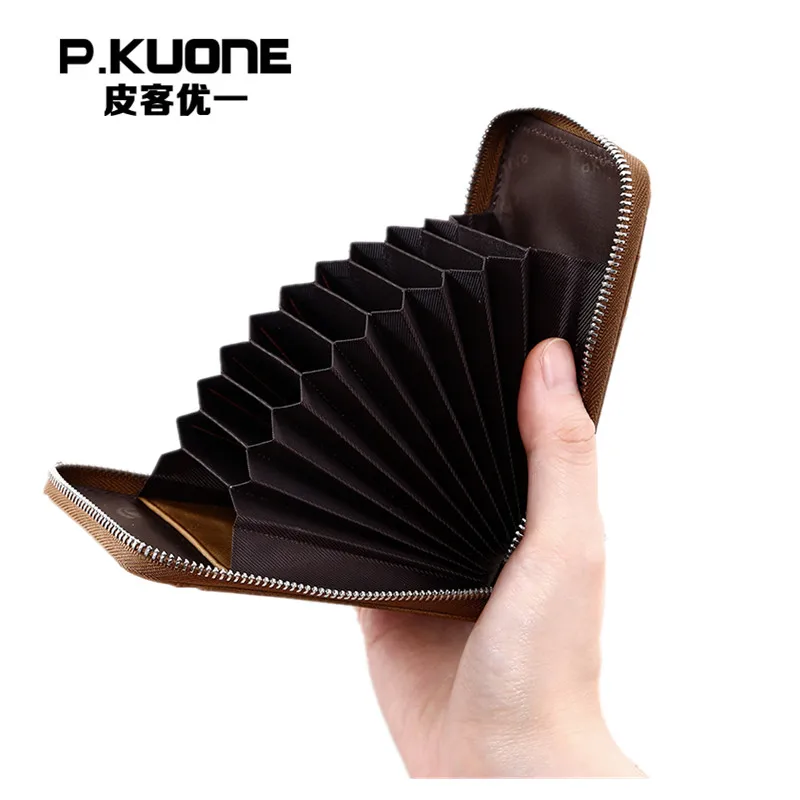 

P.KUONE Genuine Leather Blocking Mini Wallet Protect Safe Credit Card Holder Designer High Quality Clip Waller Purse Capacity