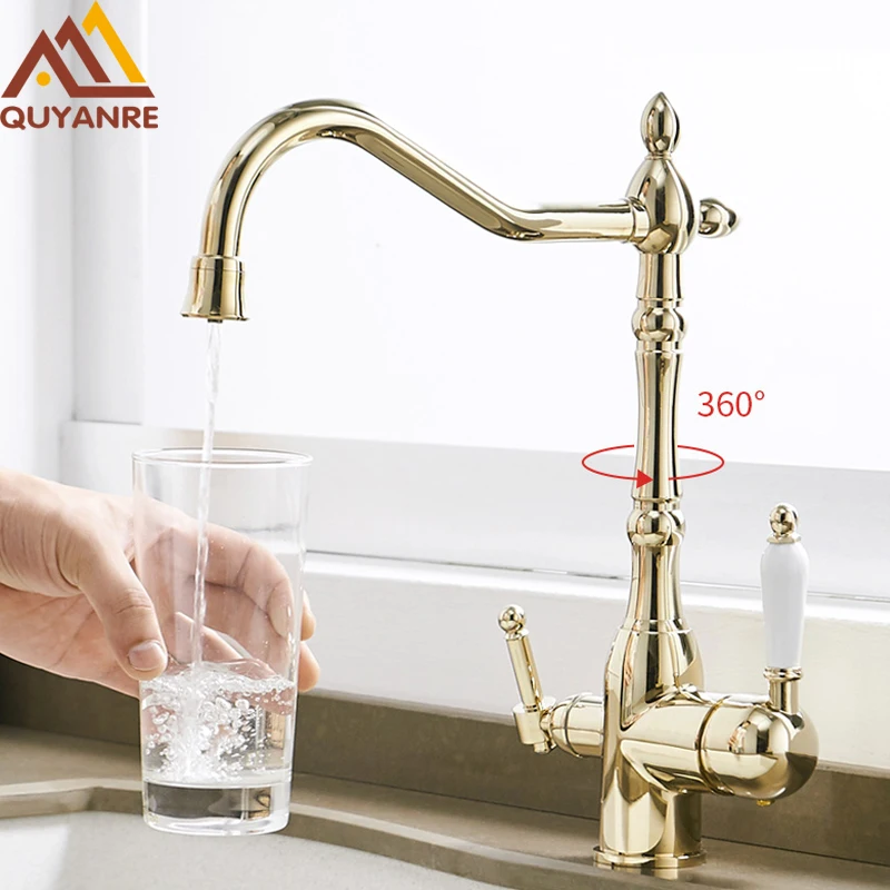 Quyanre Gold Kitchen Faucets Mixer Drinking Water Filtered Kitchen Tap 360 Rotation Mixer Tap Purification Kitchen Crane Tap