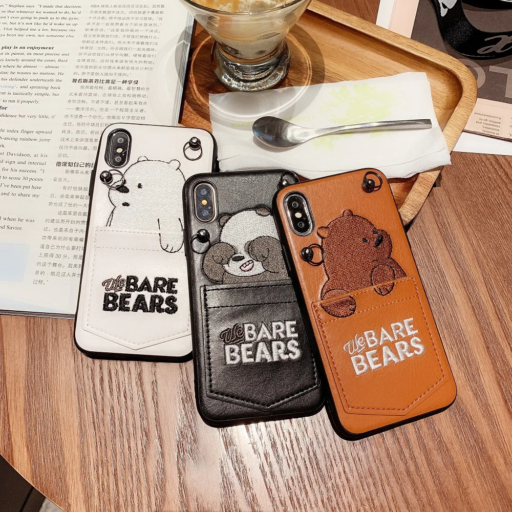 

Cute Cartoon Embroidery We Bare Bears Phone Case For iPhone X XR XS Max 7 8 6 6S Plus Soft Cover With Lanyard Card Pocket Coque