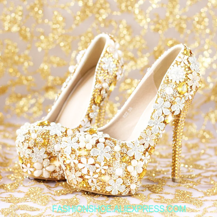 

Golden crystal shoes, flower bride , super heel heel , women's shoes, waterproof dress, wedding shoes