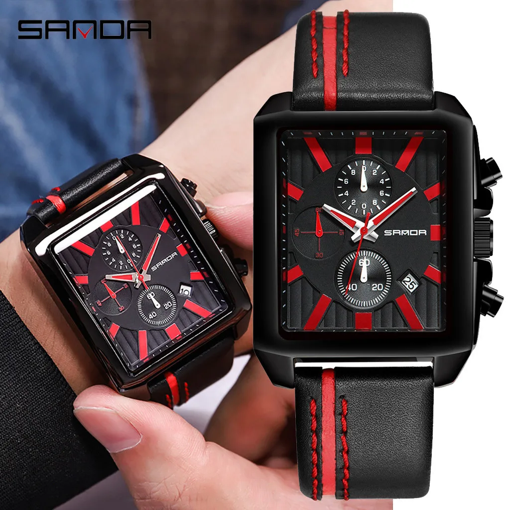 

Hot Clock SANDA Sports Men's Watch Chronograph Leather Strap Quartz Military Table Male Retro Design Wristwatch Clock Gift#8
