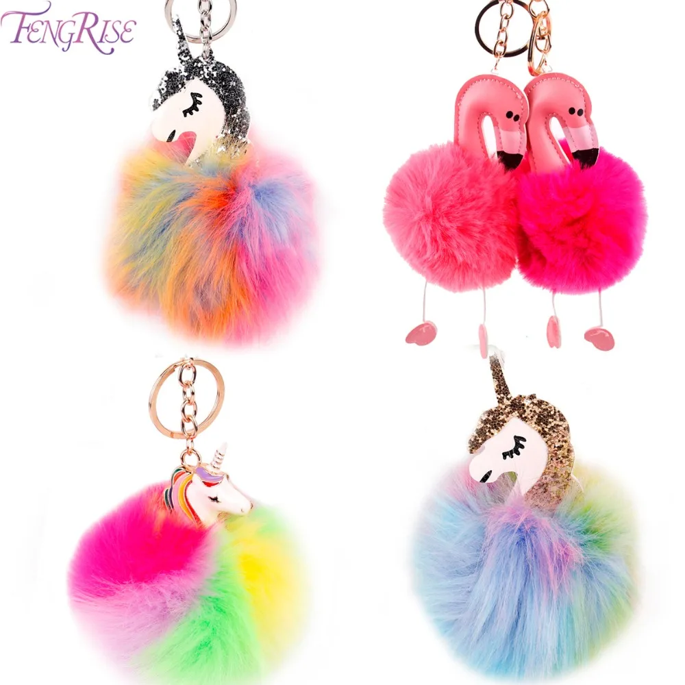 

FENGRISE Unicorn Birthday Party Decorations Pom Flamingo Plush Fluffy Key Chain Pompom Ball Unicorn KeyChain Kids Favors Gifts
