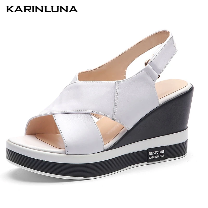 

Karinluna 2019 Summer Genuine Leather Hook & Loop Cross Strap Wedges Women Shoes Sandals Shoes Woman