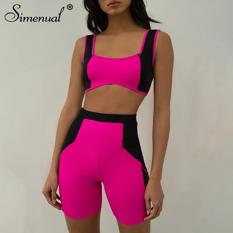 

Simenual Casual Pink Active Wear Women Two Piece Outfits Fashion Sleeveless Athleisure Sets Crop Top And Biker Shorts Set Summer