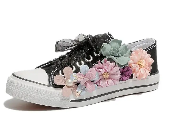 Кроссовки на плоской подошве; парусиновая обувь; женская повседневная обувь; женская Вулканизированная обувь ручной работы на плоской подошве с блестками и цветами - Цвет: Черный