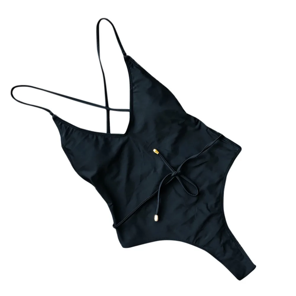 2019 women's drawstring halter one-piece sexy bikini set summer solid color sexy swimwear push up bikinis e fatos de banho 40J13 (15)