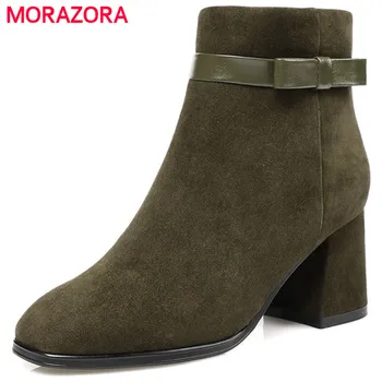 

MORAZORA 2018 new fashion autumn winter square heel kid suede leather boots square toe high heel women boots zipper ankle boots