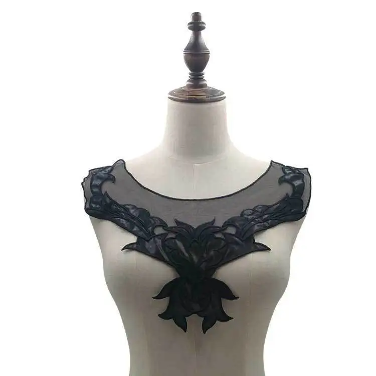 

1PCS PU Black Embroidered Flowers Lace Collar Trim Bust Dress Neck Applique Patch On Clothes Sewing Handicraft Accessories 2019