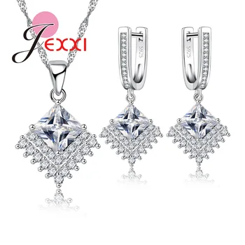

Brand Pretty Shiny Square Pattern Jewelry Sets For Bride 925 Sterling Silver Crystal Necklace And Earring