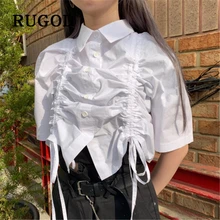 RUGOD корейские шикарные женские рубашки с завязками Harajuku модная короткая блузка с отложным воротником Женская летняя одежда Необычные Топы