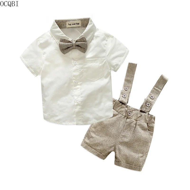 Koop Zomer herfst stijl baby boy kleding set pasgeboren baby katoenen kleding 2 stks korte mouw t shirt + bretels gentleman pak
