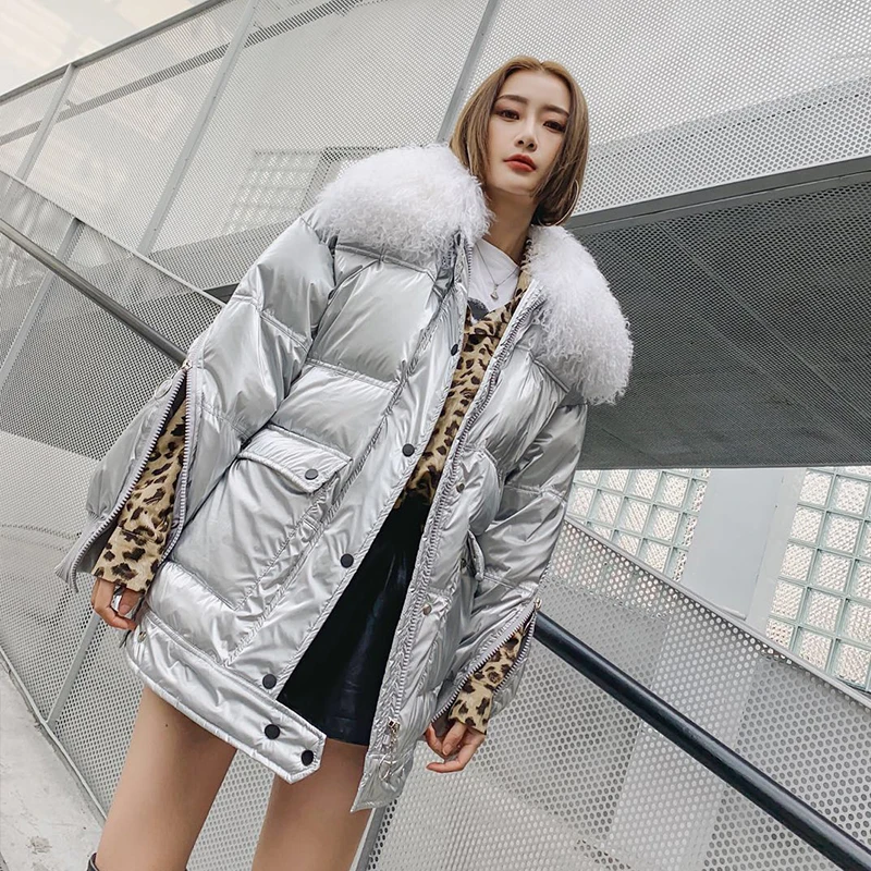 Goedkoop Ftlzz Vrouwen Donsjack Winter Witte Eendendons Jassen Sliver Parka Echte Wol Kraag Jassen Vrouwelijke Glossy Waterdichte Jas