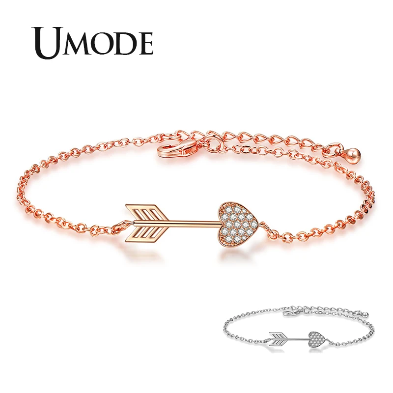 

UMODE 2019 New Heart and Arrow CZ Crystal Bracelet for Women White&Rose Gold Link Chain Paved Round Clear Zircon Jewelry AUB0168