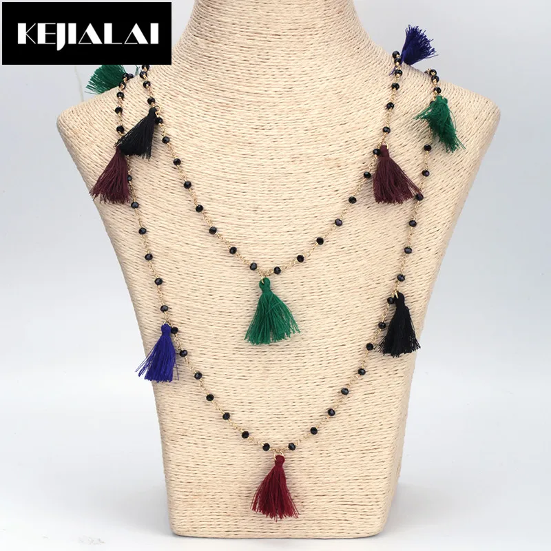 

KEJIALAI Geometry Bohemian Pendant Necklace Small Colorful Wool Tassel Ethnic Sweater Chian Winter Jewelry Gift Alloy Chain Bead