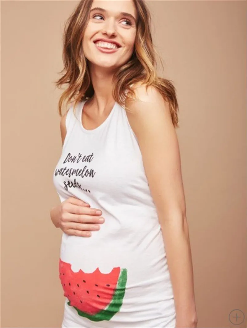 Для беременных женщин длинный жилет Летний без рукавов милый забавный арбузный Принт Большой размер майка Топы для беременных футболка Повседневная