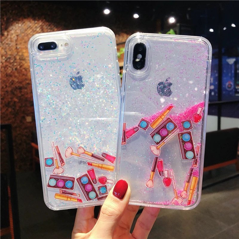 

Foundation Brush quicksand case for iphone XS Max X XR Lipstick Dynamic liquid hard phone case for iphone 6 6s 7 8 plus