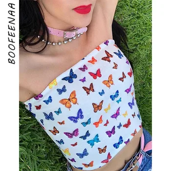 

BOOFEENAA Colorful Butterfly Print Crop Top Cute Sexy Shirt Womens Tanks Summer Clothes Street Fashion Clubwear C70-F80
