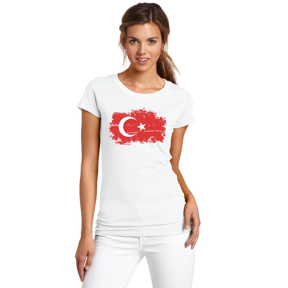 

BLWHSA Women's Top Fashion Turkey National Flag Printing 100% Cotton Tshirt Women Casual Short Sleeve White T-shirt